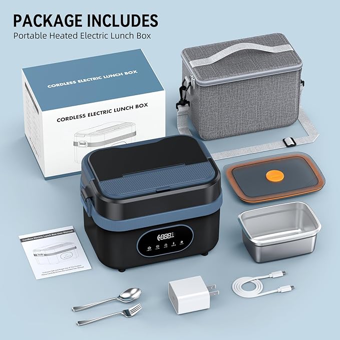 Cordless Electric Lunch Box for Adults, Rechargeable Portable Self-Heating Lunch Box Food Warmer, 1.5L Container for Outdoor, Work, Office, Camping, Travel(BlackBlue).