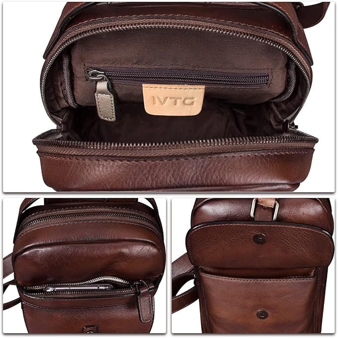 IVTG Genuine Leather Sling Bag Chest Shoulder Fanny Bag Hiking Backpack Vintage Handmade Crossbody Daypack