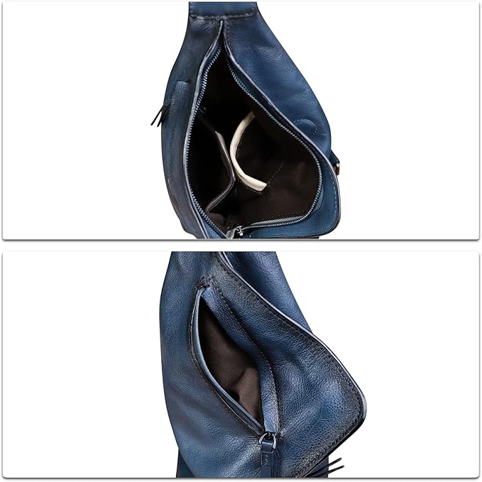 Genuine Leather Sling Bag for Men and Women Vintage Full Grain Leather Sling Purse Chest Daypack Over Shoulder Crossbody Bag (Navy)