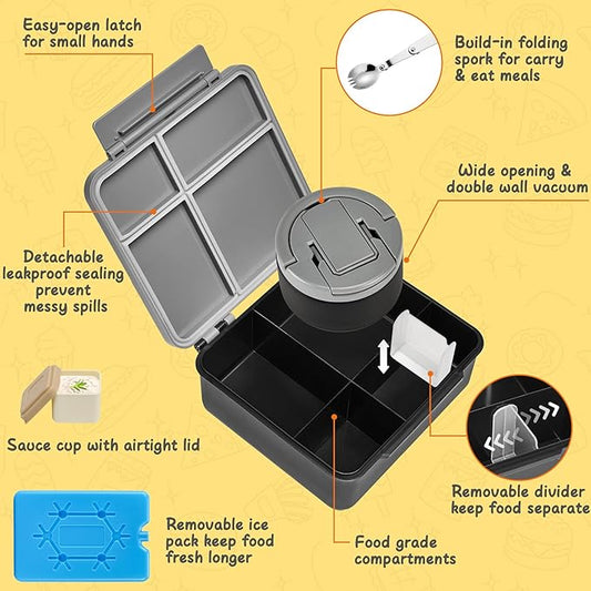 MAXSO Bento Lunch Box Set with 8 oz Soup Thermo, Kids Leakproof 4 Compartments Hot Food Container with Sauce Cup, Ice Pack and Lunch Bag, Child Insulated Food Jar for School - Black