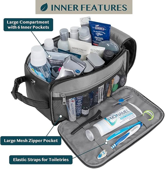 PAVILIA Toiletry Bag for Men, Travel Essentials Shaving Dopp Kit, Mens Travel Bag Toiletries Organizer Case for Grooming, PU Leather Water Resistant Cosmetic Bag Pouch (XL, Black)