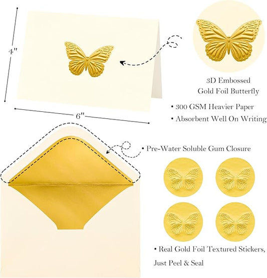 Crisky 25 Pack Embossed Gold Greeting Cards with Envelopes & Stickers Butterfly Note Cards Bulk for Birthday, Baby Shower,Bridal Shower, Wedding, Graduation Blank Inside