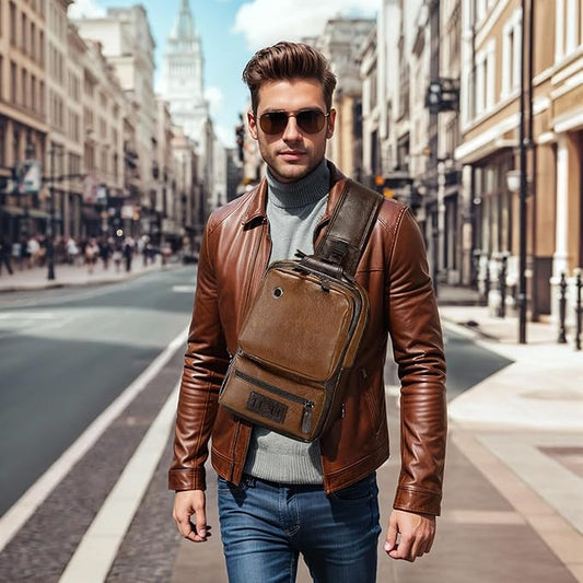 Vintage PU Leather Sling Backpack for Men, Crossbody Bag, Adjustable Shoulder Strap, Compact Backpack for Travel, Daily Use, and Gift, Light Brown