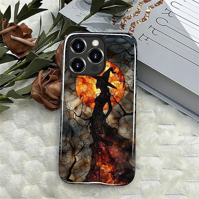 Case for iPhone 13 Pro Max Case,Halloween Witch Moon Stained Glass Design Hybrid Dual Protection Silicone + Hard PC Shockproof Full Body Cover,Slim Anti-Scratch Protective for Men Women