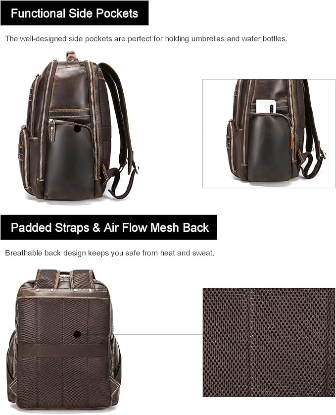 LANNSYNE Vintage Mens Full Grain Leather Backpack Fits 17.3 Inch Laptop, Large Casual Rucksack Shoulder Bag For Travel/Camping/Hiking-Brown
