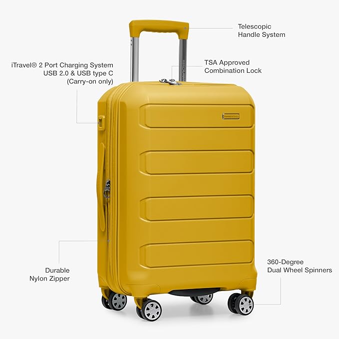 Traveler's Choice Pagosa Indestructible Hardshell Expandable Spinner Luggage, Yellow, 22-Inch Carry-on
