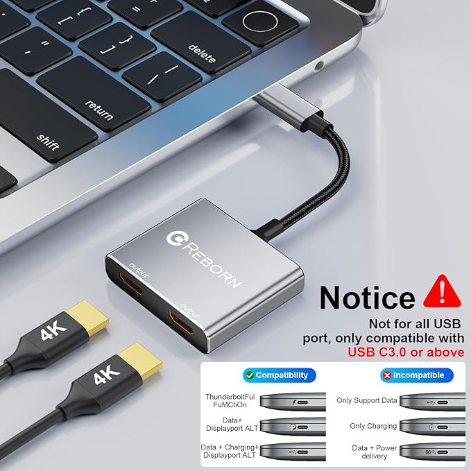 USB C to Dual HDMI Adapter | 4K@60Hz HDMI Splitter Extended Display for Dual Monitors, Type C Converter for Windows/macOS, Windows Allows 3 Separate Screens, macOS Only Allows Mirror Mode