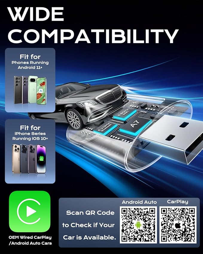 AuroraLink Wireless Carplay & Android Auto Adapter 2-in-1 Stable & No Delay Carplay Wireless Adapter Convert Wired to Wireless Car Play Dongle for iOS 10+/Android 11+ (Blue)