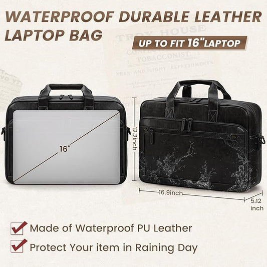 RAINSMORE Mens Laptop Bag 16 Inch Leather Briefcase Vintage Messenger Bag for Men Large Crossbody Shoulder Office Computer Bag Retro College Satchel for Work, Business,Travel, Black