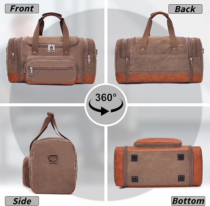 Men'S Duffle Bag For Travel, Expandable Canvas Duffel Bags Overnight Weekend Gym Carry On Luggage Bag For Men(Coffee)