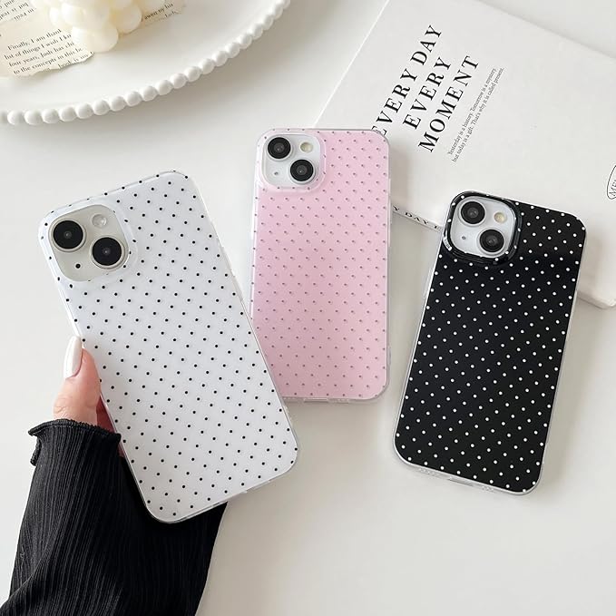 Compatible with iPhone 15 Case, Fashion Cute Aesthetic Polka Dot Pattern Cover for Women, Shockproof Slim Soft TPU and Hard PC Protective Phone Case for iPhone 15 6.1"- White