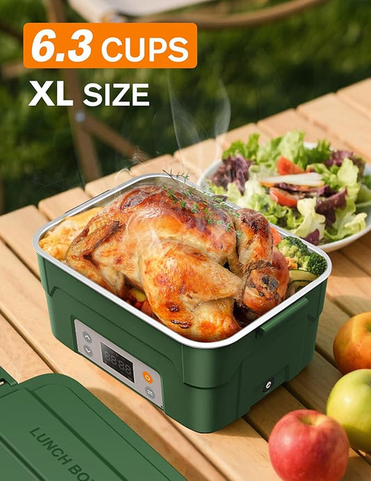 EAST OAK XL 6.3-Cup Cordless Electric Lunch Box for Adults, Heated Lunch Box for Men with Scheduled Heating, Portable Car Food Warmer with Utensils, Two-Tier Bag, Removable Divider