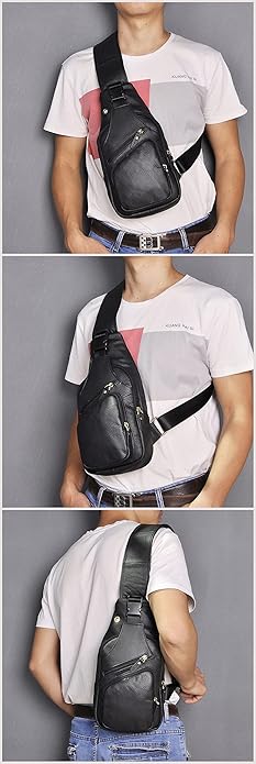 Le'aokuu Men Fashion Casual Tea Designer Travel Hiking Crossbody Chest Sling Bag Rig One Shoulder Strap Bag Men Leather 8015