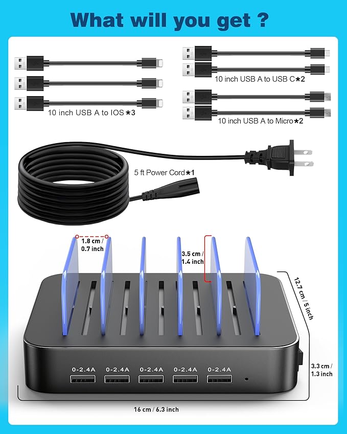 MSTJRY Charging Station for Multiple Devices : 5 Port Multi USB-A Charger Stations Multi-Device Organizer Charging Dock Designed for iPhone iPad Cell Phone Tablets (7 Short Cables Included), Gunmetal