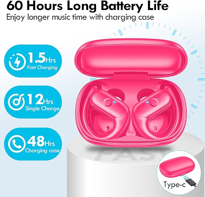 kurdene Wireless Earbuds Bluetooth Headphones Sport,Over Ear Buds with Deep Bass Sound,60Hrs Playtime Earphones Redesigned Comfort Fit with Earhooks for Running,Meeting,Workout-Hot Pink