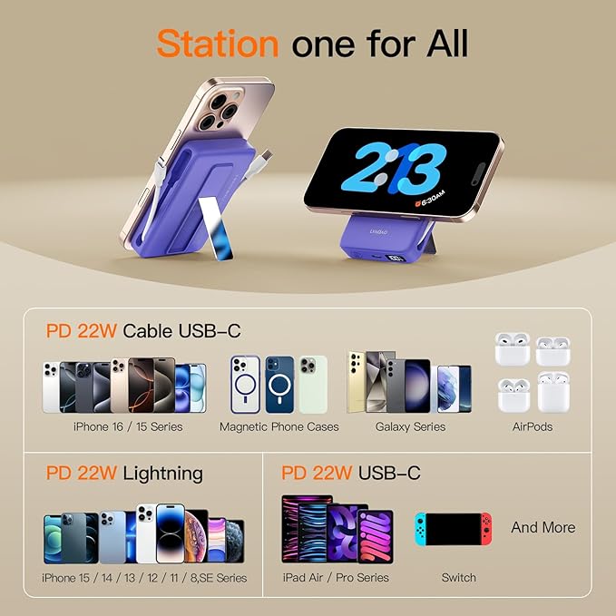 2025 Magnetic Battery Pack 16800mAh Mobile Power Bank, Portable Charger with Foldable Stand and Built-in Cable, 20W USB-C Fast Charging, Suitable for iPhone 17/16/15/14/13/12 Series