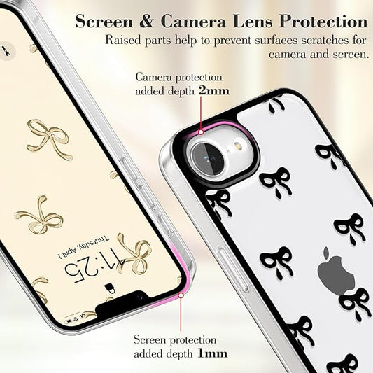 EYZUTAK Case for iPhone 16e, Clear Cute Ribbon Bowknot Pattern Aesthetic Transparent Phone Case Raised Camera Protection Stylish Slim Soft Durable TPU Protective Cover for Women Girls - Black