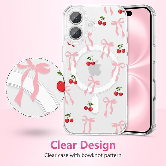 ZTOFERA for iPhone 16 Magnetic Case Clear,Cute Love Heart Ribbon Bow Tie Aesthetic Phone Case,Transparent Trendy Slim Soft Shockproof Protective Phone Cover for Women Girls,Peach Pink
