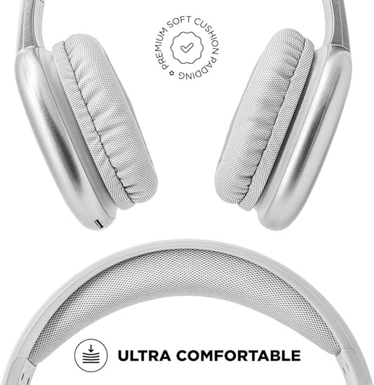 iJoy Ultra Wireless Headphones with Microphone- Rechargeable Over Ear Wireless Bluetooth Headphones with 10Hr Playtime, SD Slot, Backup Wire- Soft Cushion Wireless Headset with Mic (Silver)
