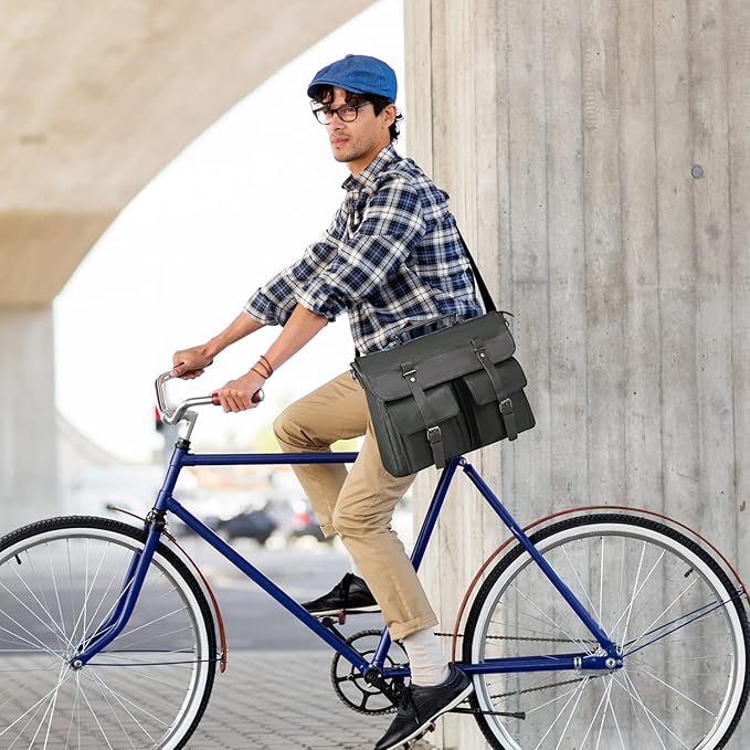 seyfocnia Men's Vintage Black 17.3 Inch Water Resistant PU Leather Laptop Bag, Messenger Bag, Satchel, Briefcase