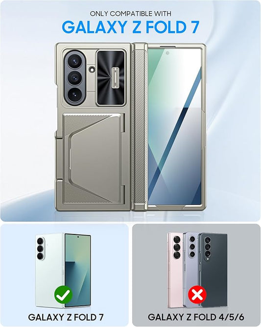 for Samsung Galaxy Z Fold 7 Case with Card Holder RFID Blocking, Built in Slide Lens Cover & Hinge Protection & Screen Protector, Shockproof Wallet Case for Z Fold 7 (Titanium Gold)