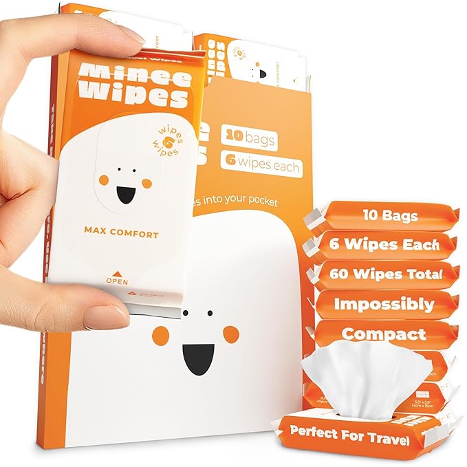 Impossibly Compact Travel Wipes - Skin-Friendly Wet Wipes, Hypoallergenic & Unscented for Adults, Kids & Baby Care - 10 Pack Total 60 Wipes