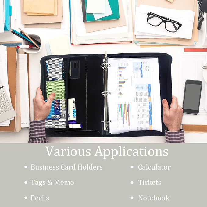 Zipper Binder 1.5 Inch Round 3-Ring Binder, Zippered Grip Pockets Storage Bag Business Office Supplies for Men Women (Grey)