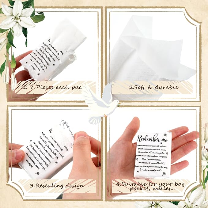 Sinmoe 60 Bulk Funeral Tissues Keepsakes Memorial Facial Pocket Tissues Favors Inspirational Poem 3 Ply Mini Travel Size Tissue Packs Memorial for Guests Relatives Family