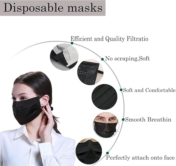 Wecolor 120 Pack Disposable Face Masks with Elastic Ear Loop, 3 Ply Breathable (Black)