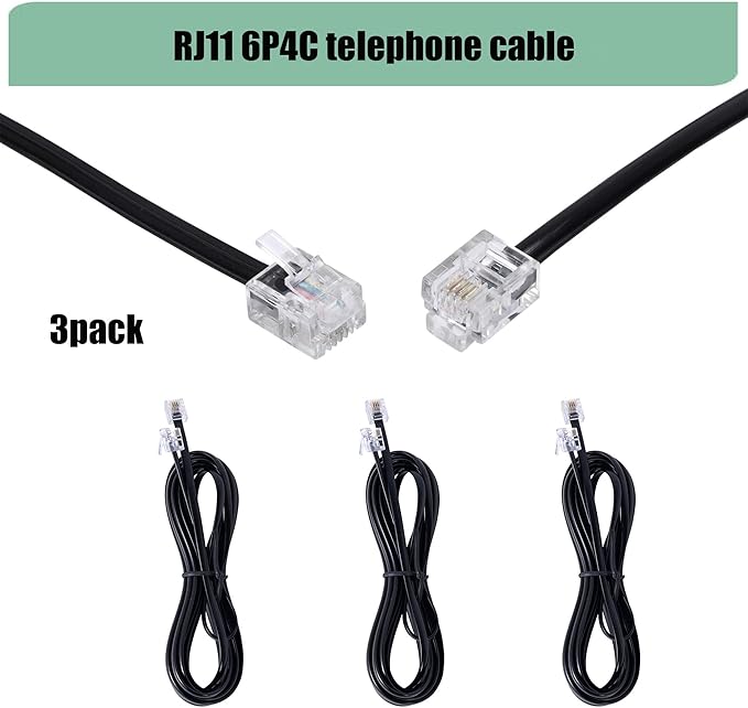 3Pack RJ11 Cable Phone Cord for Landline - 6ft Telephone Cord - Male to Male for Landline Phone and Fax - Black