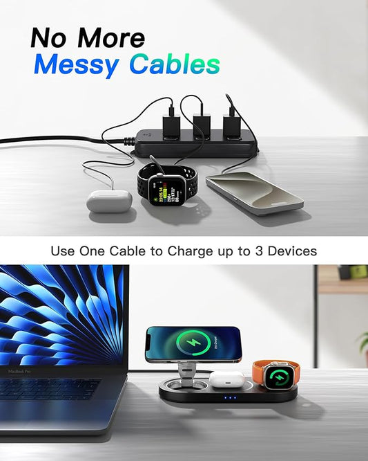 Upgraded 3 in 1 Wireless Charging Station for Apple Devices, Faster Mag-Safe Charger Stand, Magnetic Charger Station for iPhone 16/15/14/13/12 Series & AirPods Pro & Apple Watch Series (Black)