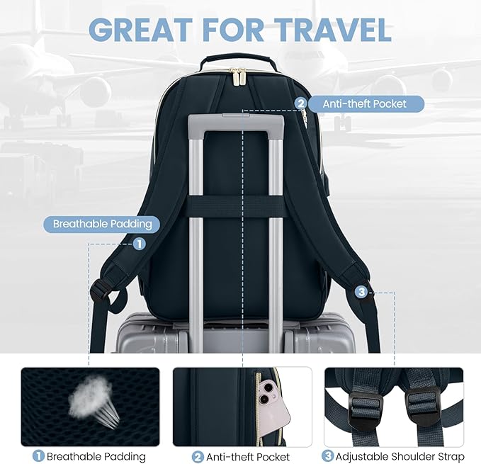 LOVEVOOK Leather Backpacks for Women,17.3 inch Leather Laptop Backpack Women Computer Backpack Laptop Bag,Stylish Quilted Travel Backpack Purse Work Bag Teacher Backpacks with USB Port,Dark Blue-green