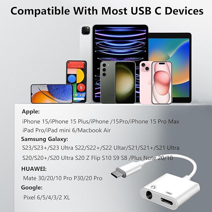 USB C to 3.5mm Jack Adapter with 60W Fast Charging, Type C Headphone Adapter Compatible with iPhone 16/15 Pro Max/15 Pro/15 Samsung Galaxy S24/S23/S22/S21 Ultra iPad Pro