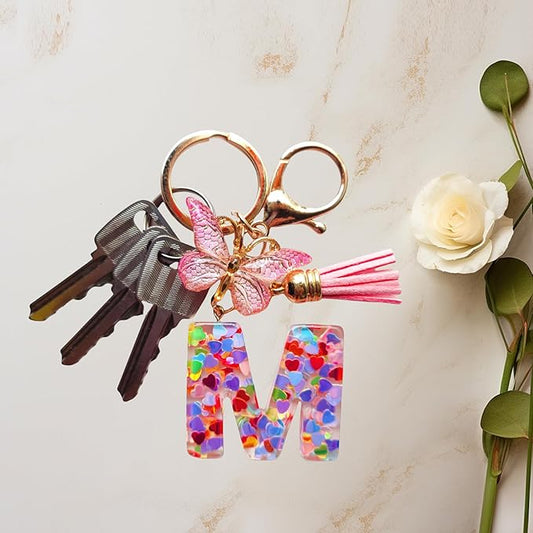 Cute Initial Letter Keychains for Women Girls Tassel Butterfly Pink Purple Green Keychain for Backpack School Bag