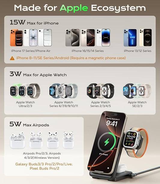 3 in 1 Magnetic Charging Station, 15W Fast Wireless Charger Compatible with MagSafe Charger Stand for iPhone 17 16 15 14 13 12, Apple Watch Charger & AirPods, Foldable Travel Charging Dock, Black