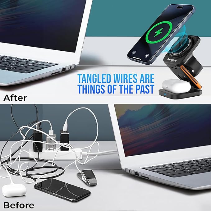 3-in-1 Foldable Wireless Charging Station for Phone, Watch and Earphones, Fast Charging Stand with Magnetic Mount (White)