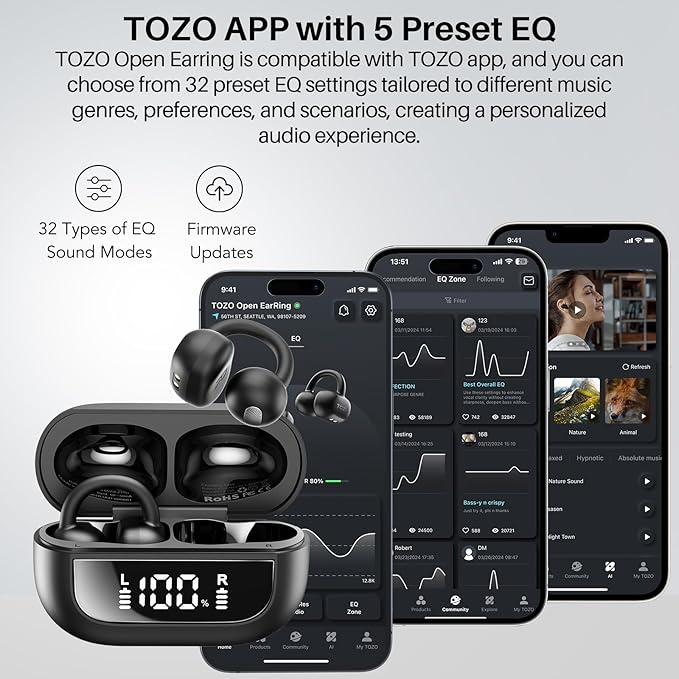 TOZO OpenEarRing True Open Ear Headphones, Lightweight Comfort Open Ear Clip Wireless Earbuds, 40H Play Bluetooth 5.4 Headphones with Smart Digital Display Design Fit Sports Running, Workout Black