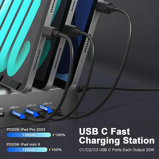 MSTJRY 90W 6-Port USB C Fast Charging Station for Multiple Devices, Multi PD Charger Station for iPhone iPad Tablet Phone, Charging Dock Organizer with Adjustable Dividers for Home Office Classroom