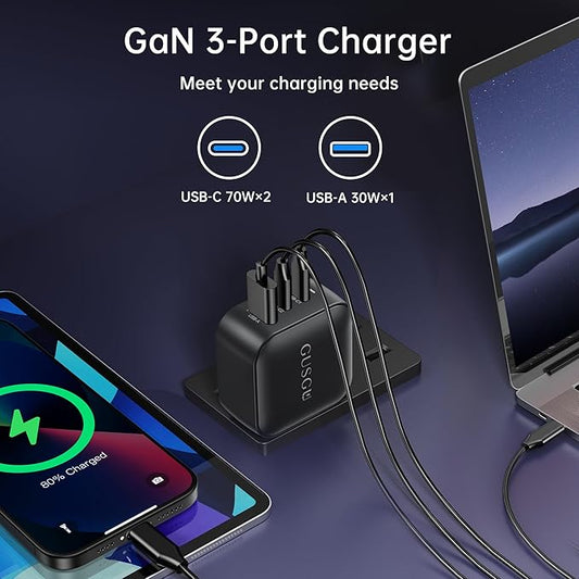 GUSGU A70 70W USB-C Charger, 3-Port Fast Wall Charger Block with Foldable Plug for MacBook Pro/Air, Dell XPS, Acer Aspire, Lenovo, iPad, iPhone 16/15, Galaxy S24/S23, Pixel 8, Steam Deck and More