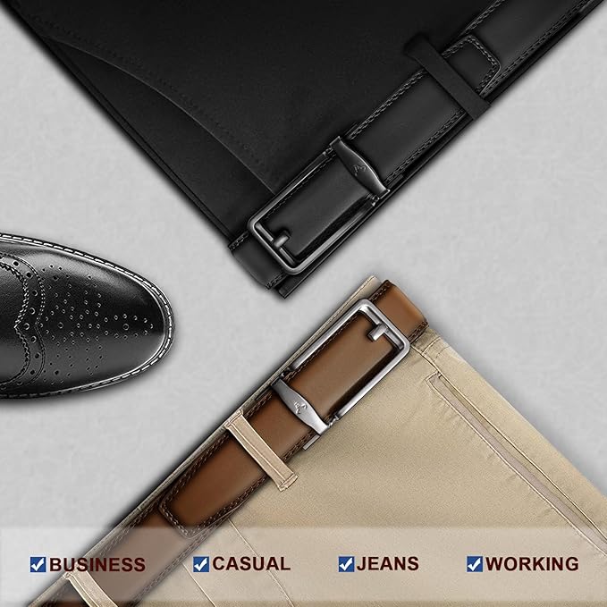 BULLIANT Men Ratchet Belt 2 Pack, Click Sliding Leather Belt Adjustable for Gift Men Dress Casual Jeans 1 3/8,Cut for Fit