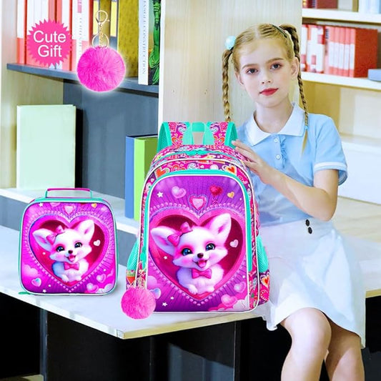 3Pcs Fox Backpack for Girls, 16" Kids Bookbag with Lunch Box, School Backpacks Set for Elementary Preschool Kindergarten(Pink)