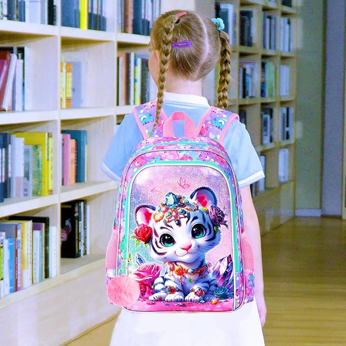 16" Tiger Backpack for Girls, 3Pcs Kids School Backpacks with Lunch Box, Bookbag for Elementary Preschool Kindergarten(Pink)