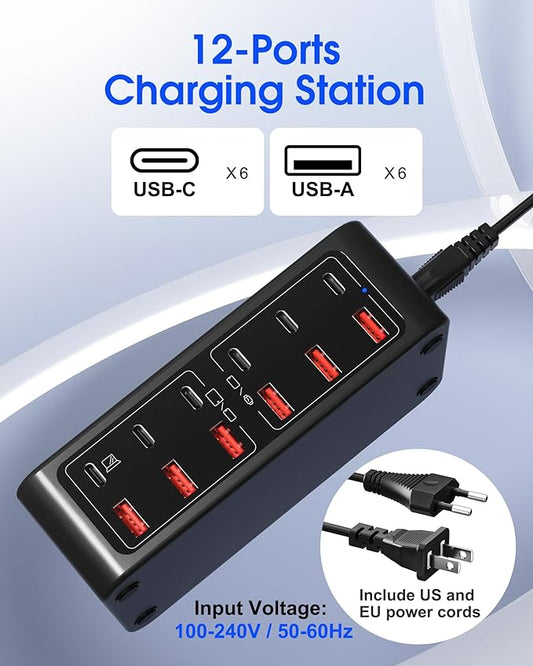 220W USB C Charging Station, 12-Port GaN Charger Hub,65W Laptop Charger Adapter for MacBook Pro/Air iPad Pro iPhone Google Pixelbook ThinkPad Dell XPS Galaxy S23 Steam Deck -Black