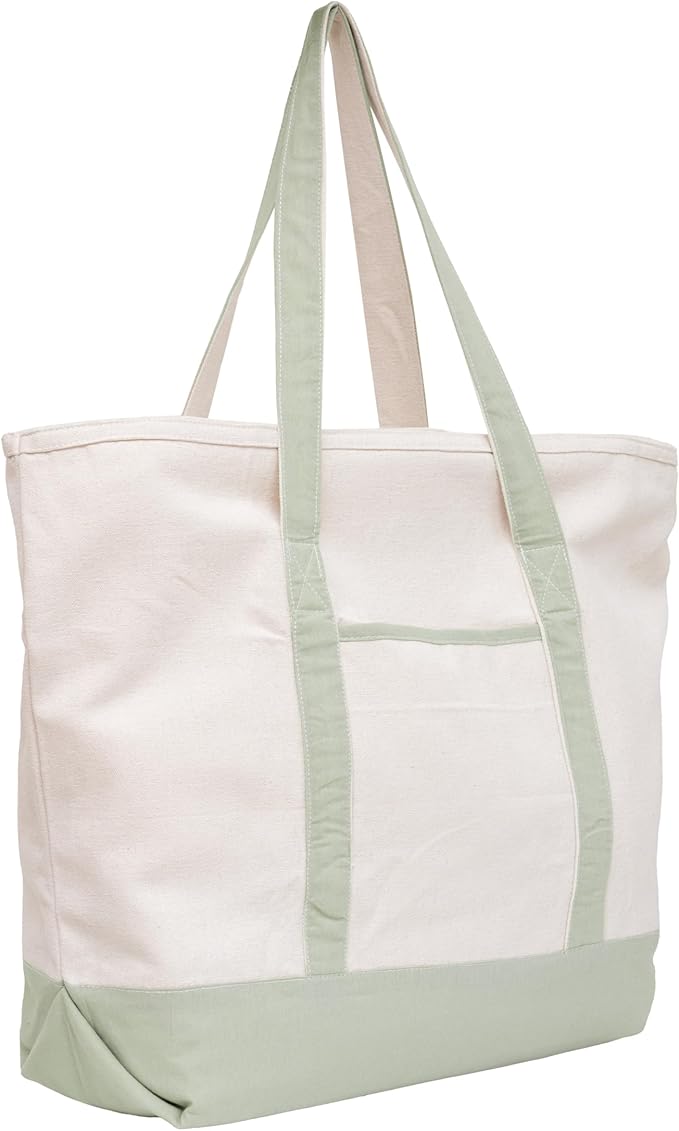 Sage Green Canvas Tote Bag - 22 Inch, Zipper Top, Exterior Pocket, 100% Cotton Tote Bag for Shopping, Picnic or Grocery - Premium Quality, Washable, Foldable, Sturdy Cotton Bag (Sage Green)