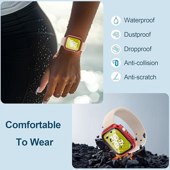 2 in 1 Waterproof Case for Apple Watch Screen Protector 41mm Series 7 8 9 Accessories with Tempered Glass Film Face Protective & PC Bumper Cover Compatible iWatch 41mm