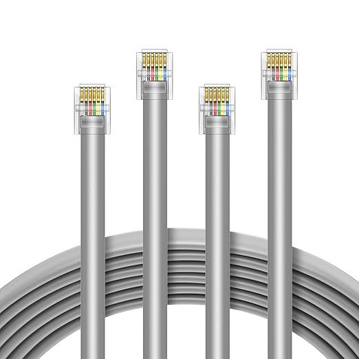 LanSenSu RJ12 Cable Phone Cord RJ12 6P6C Male to Male Straight Wired for Both Data and Voice Use - 2Pack (Silver, 10FT)