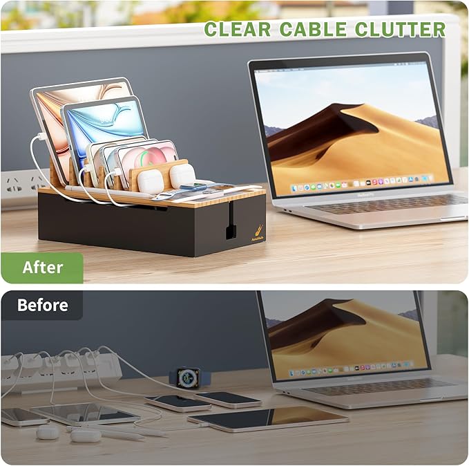 Pezin & Hulin Bamboo Charging Station for Multiple Devices, USB Charger Dock Organizer, with Power Supply (10 Ports HUB), 6 Cables, Cable Management Organizer for Cell Phones, Tablets -Natural+Black
