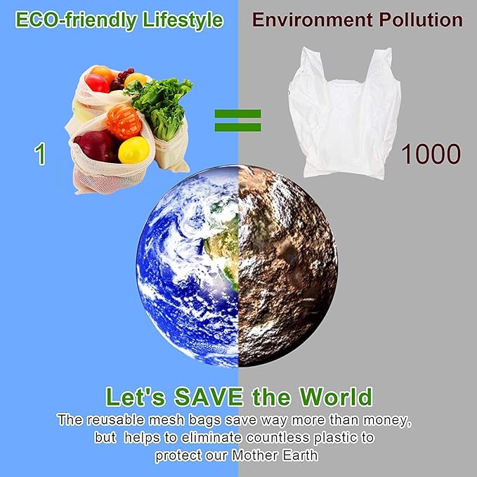 KerKoor Reusable-Cotton-Mesh-Produce-shopping-Bags-Washable Eco Friendly Premium See Through Lightweight Net zero Bulk Bags for Veggie Fruit Vegetable Grocery Storage (9 Packs)