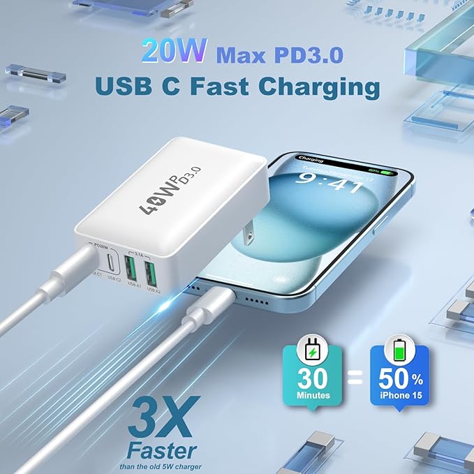 Flat USB C Wall Charger, OKRAY 3-Pack 40W 4-Port QC&PD3.0 Fast Charging Blocks with Foldable Plug, Slim USB A&USB C Charger Multiport Power Adapter for iPad, iPhone 16 15 14 13 12 Pro, AirPods, iwatch