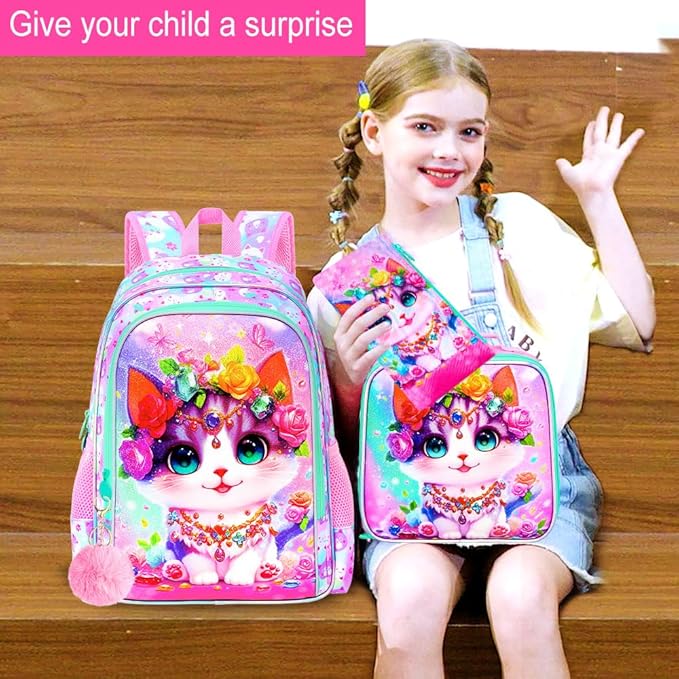 3Pcs Cat Backpack for Girls, 16" Kids School Backpacks with Lunch Box, Bookbag for Elementary Preschool Kindergarten(Pink)